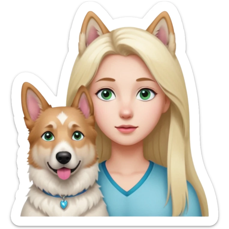 White European young woman with blue-green eyes and long blond hair with her white German Shepherd dog,the Dog hast a pink nose and short fur  ans Brown eyes sticker