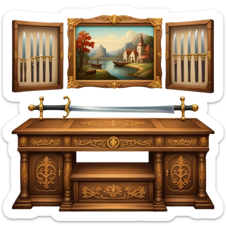 Icon for Antiques Collecting: vintage intricately carved furniture, famous paintings, antique swords, and rifles. The items are displayed on a wooden table or shelf. The icon should evoke the rich history and craftsmanship of antique collecting. Transparent background. sticker
