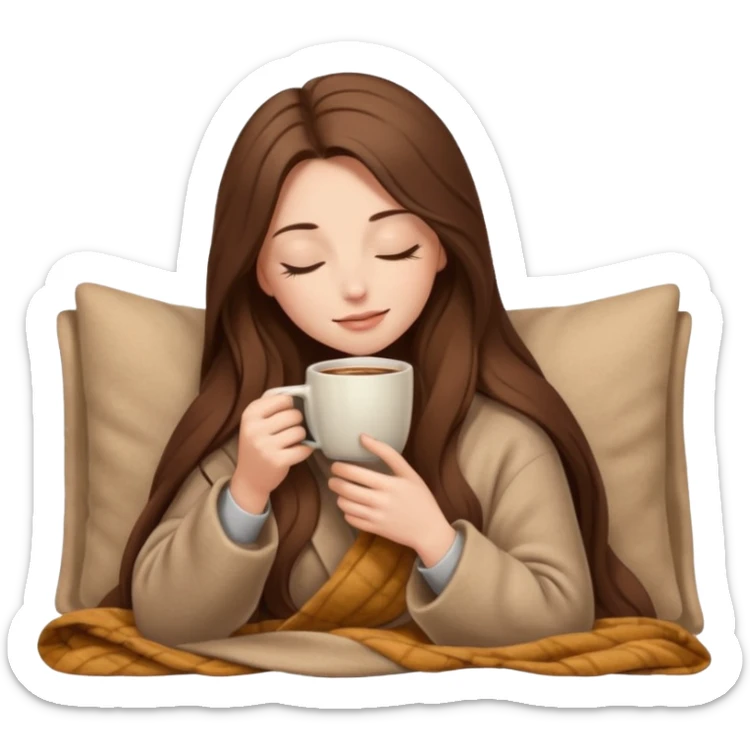 long brown hair woman closed eyes hiding under a cozy wool beige blanket, holding cup of coffee, autumn mood sticker