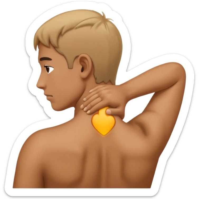 person with strain in the back of their neck. One hand holding the back of the neck sticker