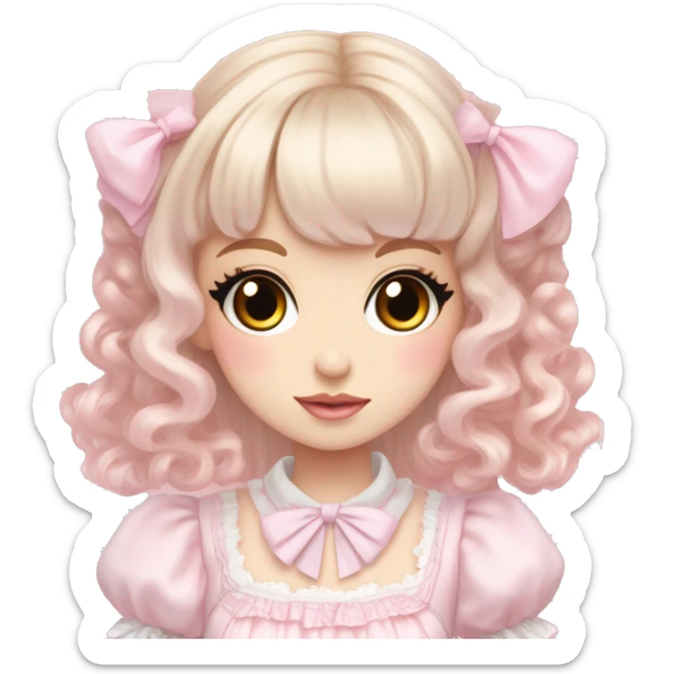 pale girl , who has curly medium length blonde and baby pink swirled hair with bangs , grey eyes , and doll like makeup , in a light pink lolita hime gyaru dress  sticker