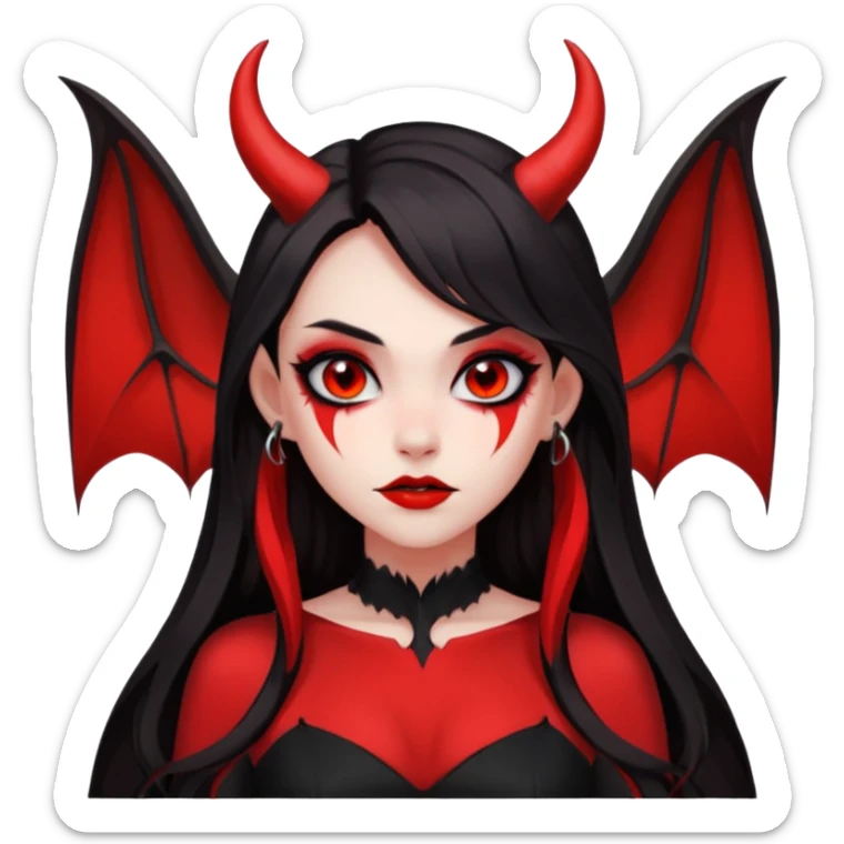 demon girl, skin red , black long hair, small horns, bat wing, black open-back dress, bold black outlines, red+black palette sticker