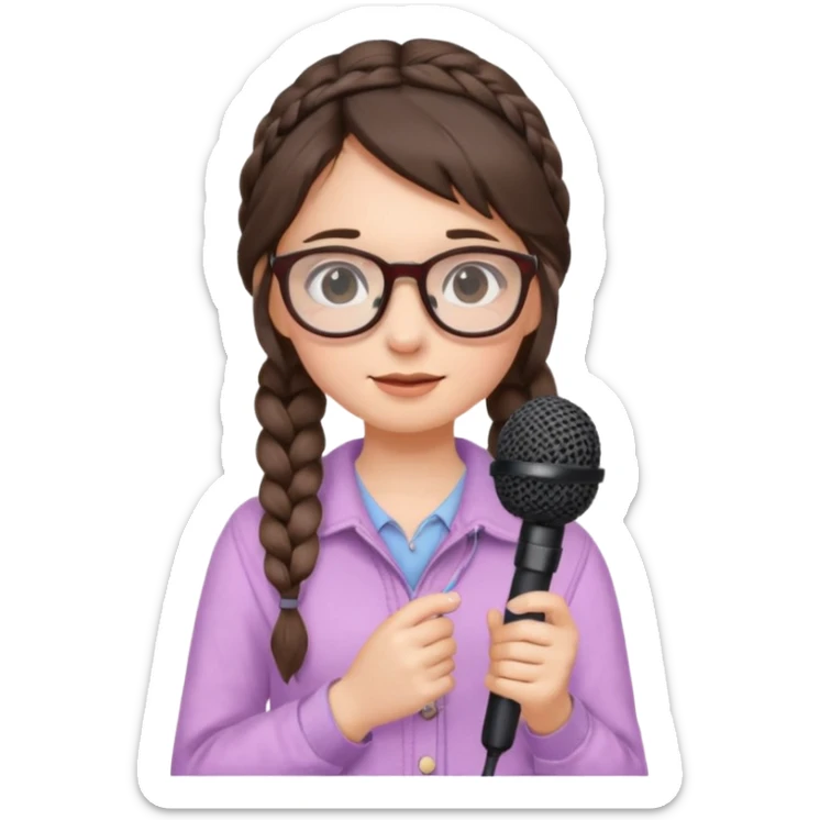 A shy braid brunette singer girl in pastel clothes with glasses, holding the mic with both hands. sticker