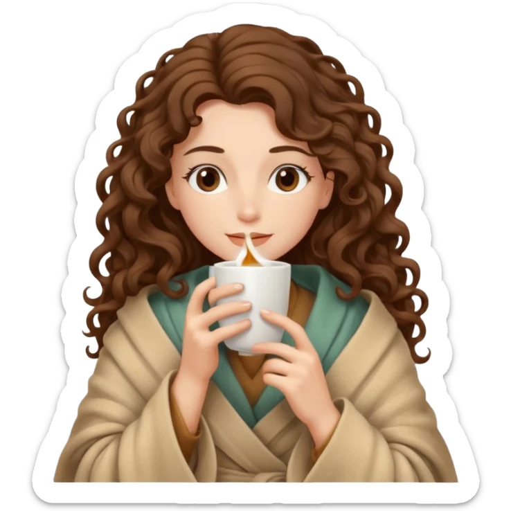Gözleri kapalı, beyaz tenli ve uzun kıvırcık saçlı bir kadın avatar, battaniyeye sarılmış halde beyaz bir Türk kahvesi fincanından içeceğini huzurla yudumluyor. sticker