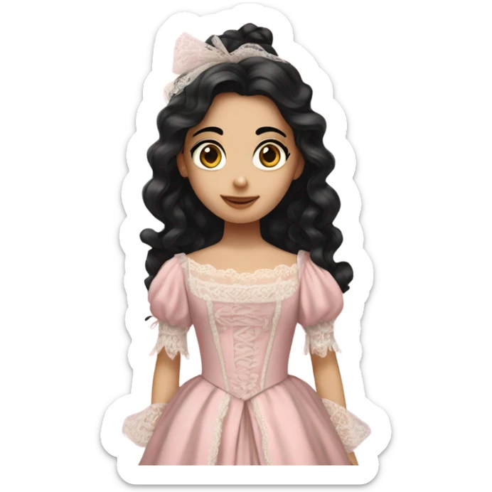 a girl wear rococo dress pale pink with pong black hair sticker