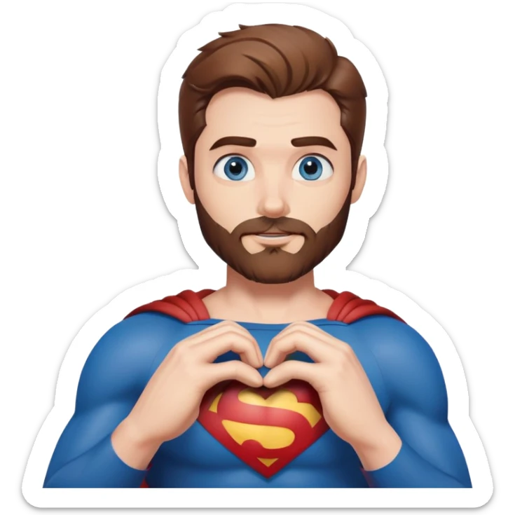 Adult Superman with blue eyes redish brownish hair and full scruffy beard making heart with his hands sticker