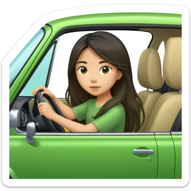 Long hair asian girl driving on her way in a green car  sticker