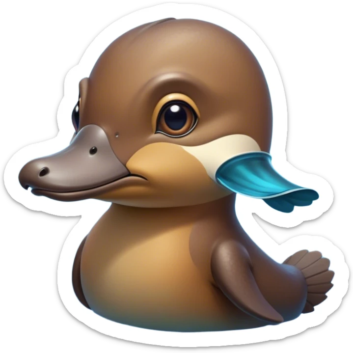 Cinematic Noble Platypus Portrait Emoji, Poised and regal, with a uniquely streamlined build and a sleek, well-groomed brown fur, a distinctive flat duckbill and broad, beaver-like tail, deep-set soulful eyes full of wonder, Simplified yet sharp and sophisticated features, highly detailed, glowing with a soft, dignified glow, high shine, intelligent and enigmatic, stylized with an air of aquatic curiosity, focused and attentive, soft glowing outline, capturing the essence of a watchful and confident oddity, so majestic it feels as though it could glide out of the screen with effortless authority! sticker