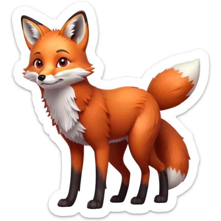 cinematic-[fox]-realistic-full-body-standing on all fours-emoji,-tail-tucked-close,-head-tilted-dramatically,-fox-[red]-fur,-simplified-yet-realistic-focused-features,-highly-detailed,-glowing-with-an-almost-sarcastic-glow  expressive eyes sticker