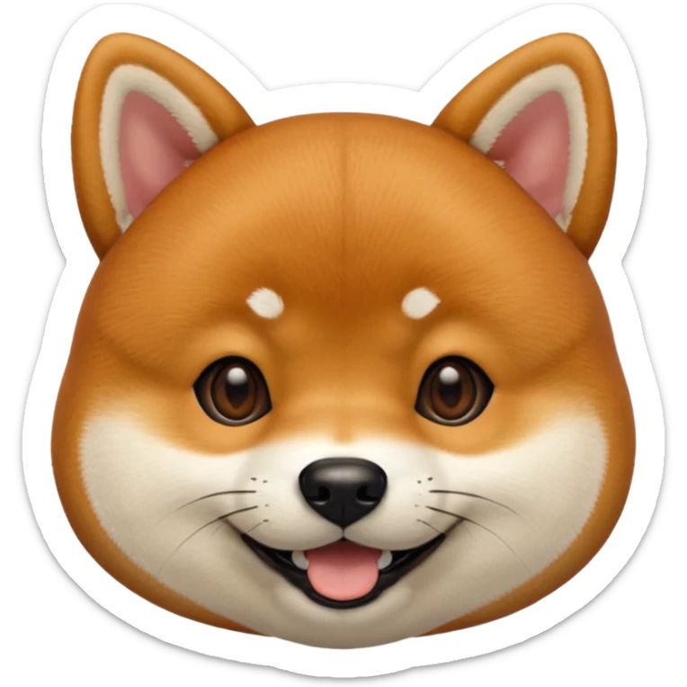 Head of a Shiba Inu dog in Apple emoji style, orange-brown fur with white muzzle and cheeks, round face, big black eyes, perky ears, grinning with closed mouth, no tongue, front-facing, glossy texture, soft shadows
 sticker