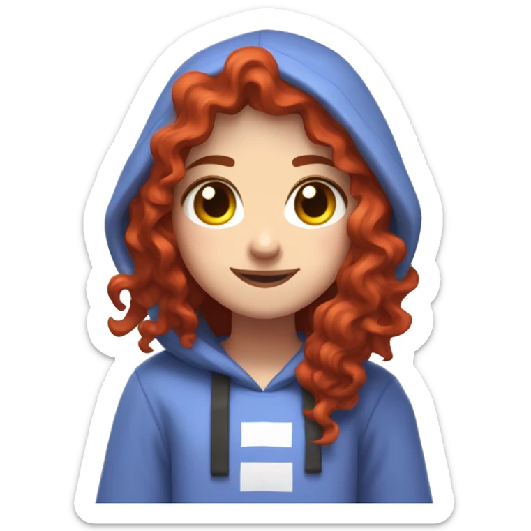 a white girl with long red curly hair and freckles, wearing periwinkle Minecraft hoodie playing a videogame smiling sticker