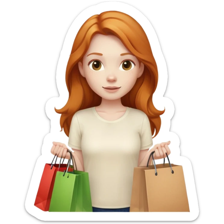 Beautiful Shopping ginger girl long hair holding bags cream shirt sticker