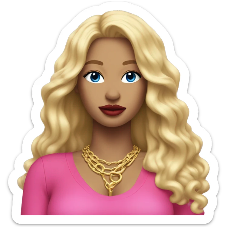 blonde woman with full banngs and long blonde hair with red lipstick on her lips a gold necklace and a pink,blue and silver bodysuit sticker