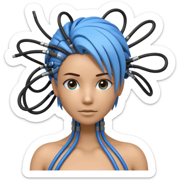 3D render of Wire Hair, futuristic cyborg aesthetic, fusion of organic skin and chrome metal, bundle of black and blue ethernet cables styled like hair, emoji style, isolated on white background --v 6.0. sticker