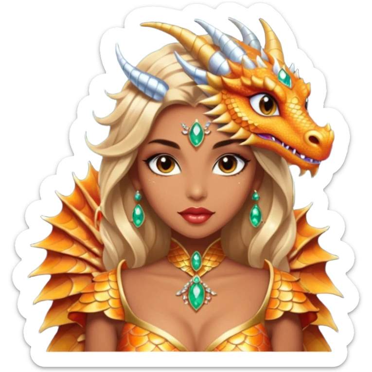 A gorgeous woman with dragon featured with glittering jeweled scales covering her body. She has large almond shaped eyes, lush lips, and she wears a stunning luminescent gown. sticker