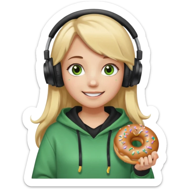 a girl with long brown hair blonde ends green and wearing black headphones she is wearing a cream coulor baggy hoddie she is happyish holding a donut sticker