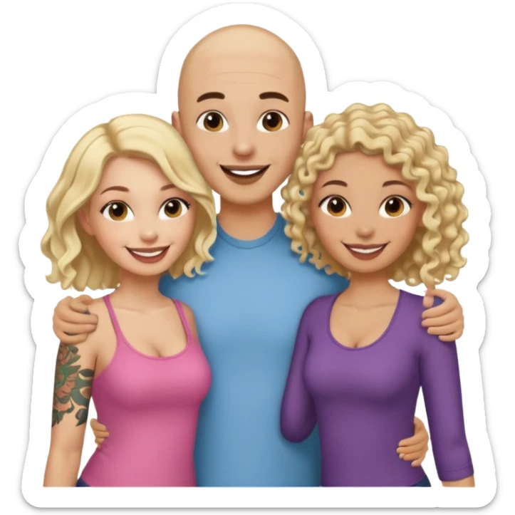 throuple tatted bald boyfriend with two girlfriends, one long blonde hair, other short curly brunette  sticker