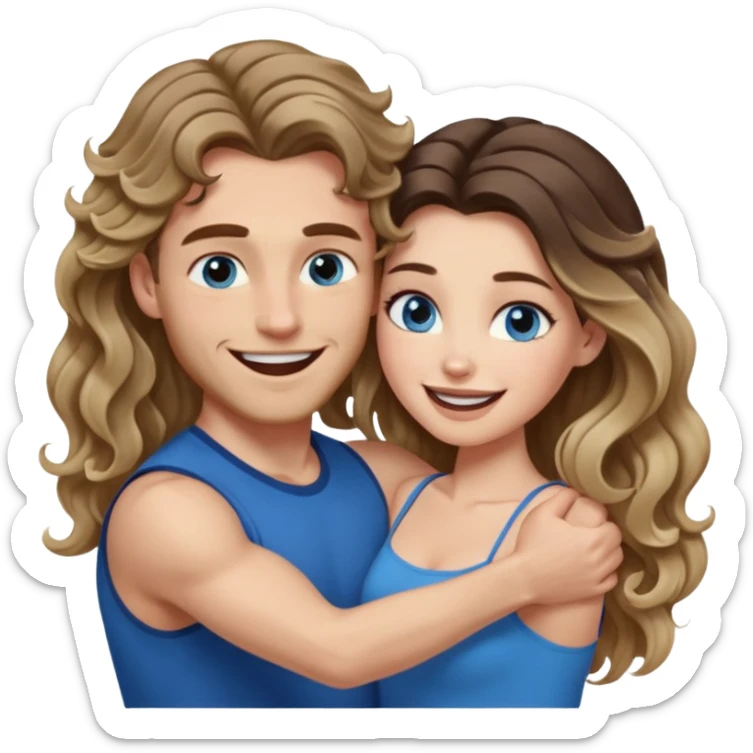 Women with blue eyes and very long, brown blond balayage curled hair in the arms of a man with strong arms a straight face, a very sexy man blue eyes. They are laughing at each other. He has dark brown hair: A fade haircut down to skin and is light skinned  sticker