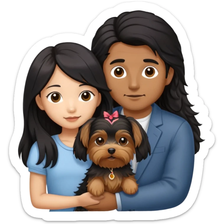 A couple holding holding a small Yorkshire Terrier together. The girl is an Asian girl with long, luscious wavy black hair (loose, no hair tie). She is standing beside a brown-skinned man with a middle part haircut.  sticker
