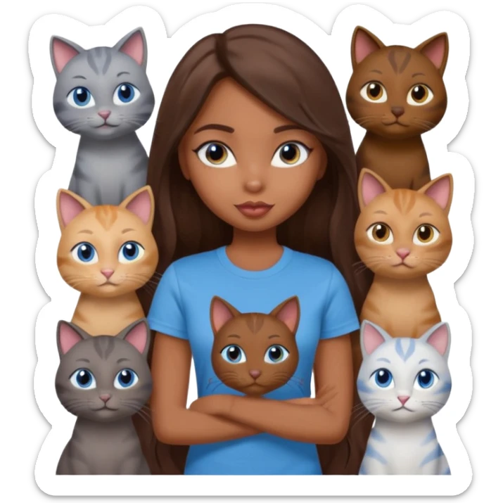 a pretty bratz dusky girl with long brown hair, blue eyes with six cats nd wearing a grey tshirt sticker