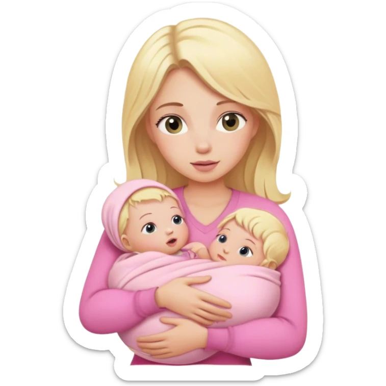 Blonde girl holding a new born baby while the baby is wrapped in pink. sticker