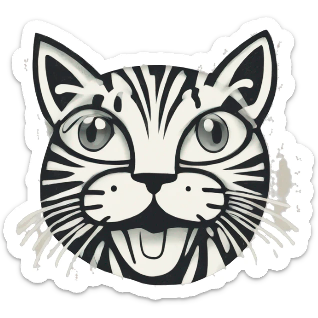 Abstract quirky funky cat made of different shapes and squiggles linocut illustrations  sticker