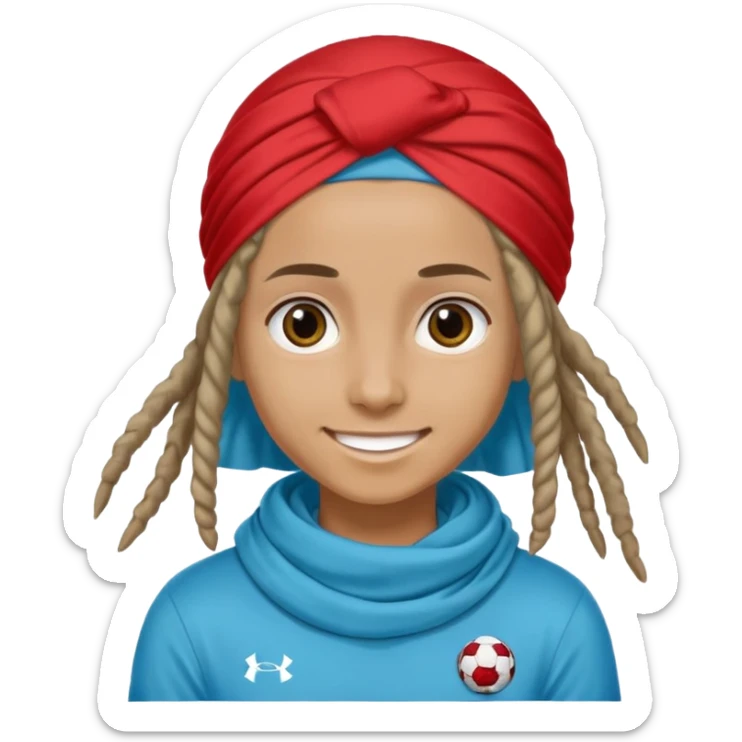 "- nam
- 17 tuổi
- Da nâu
- Tóc Dreadlock, nhuộm xanh nước biển, đội khăn xanh nước biển
- Cười mỉm, mắt to
- Mặc áo bóng đá màu đỏ sticker