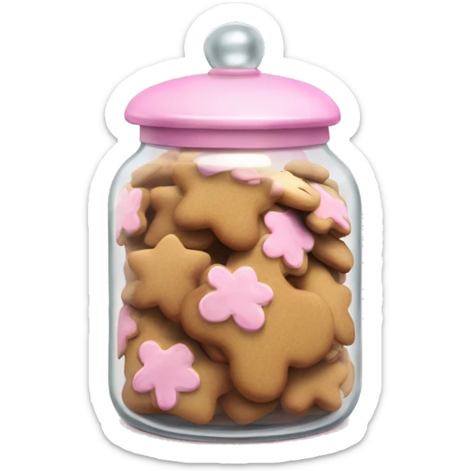 Realistic glass cookie jar with light pink lid full of gingerbread cookies isolated.  sticker