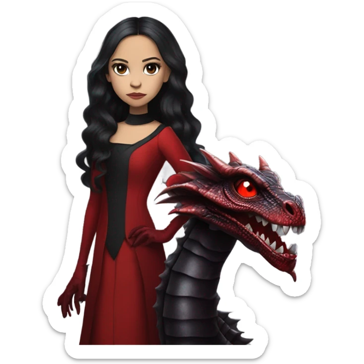 Lavish Victorian evening gown with gloves, Jenna Ortega as Addams girl Jedi wearing a mini tiara, standing next to a very large blood red evil-looking horned dragon sticker