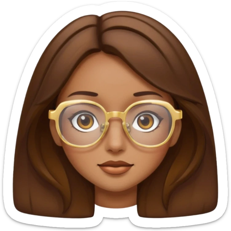 a girl with brown hair, slightly tanned skin and large square gold glasses sticker