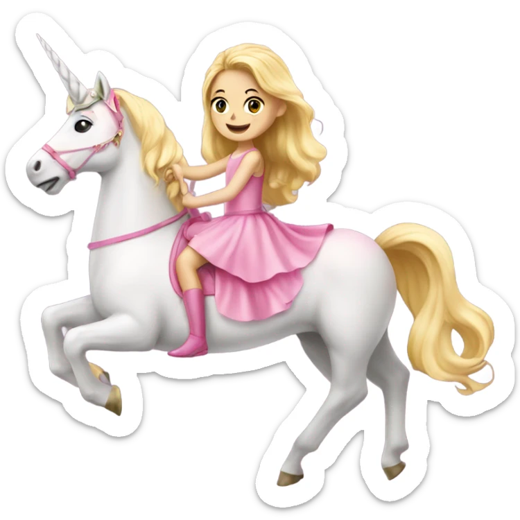 Little blonde girl in a princess dress riding a big pink unicorn  sticker