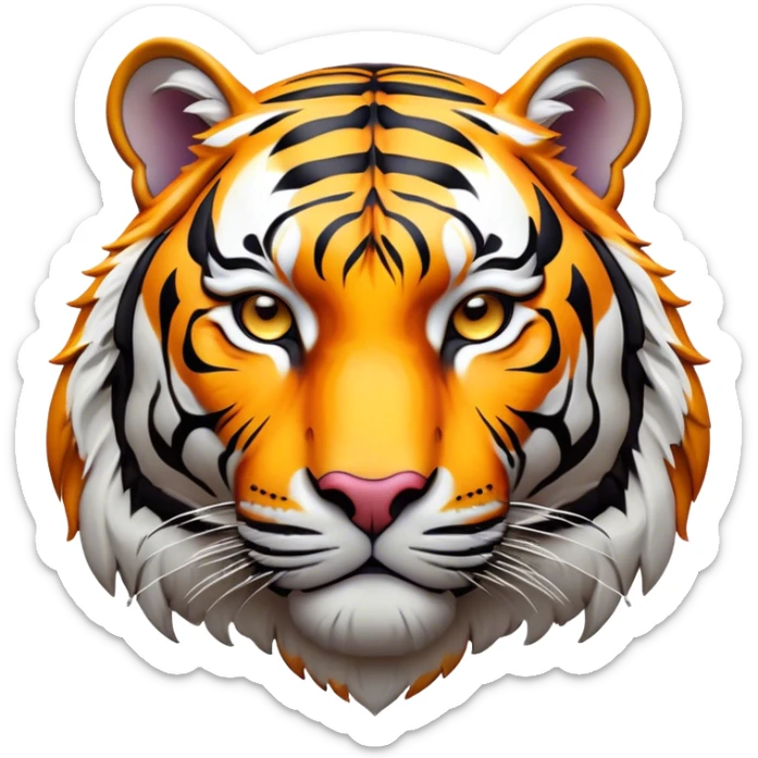 Cinematic Noble Tiger Portrait Emoji, Poised and regal, with a powerful, muscular build draped in striking, vivid stripes and intense, focused eyes, Simplified yet sharp and sophisticated features, highly detailed, glowing with a soft, wild luminescence, high shine, intelligent and majestic, stylized with an air of untamed authority, focused and commanding, soft glowing outline, capturing the essence of a watchful and confident jungle guardian that appears ready to pounce out of the screen with effortless authority! sticker