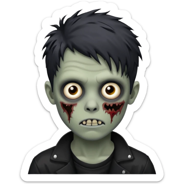 Zombie Boy with black médium large messy hair and teenager aparience, black background sticker