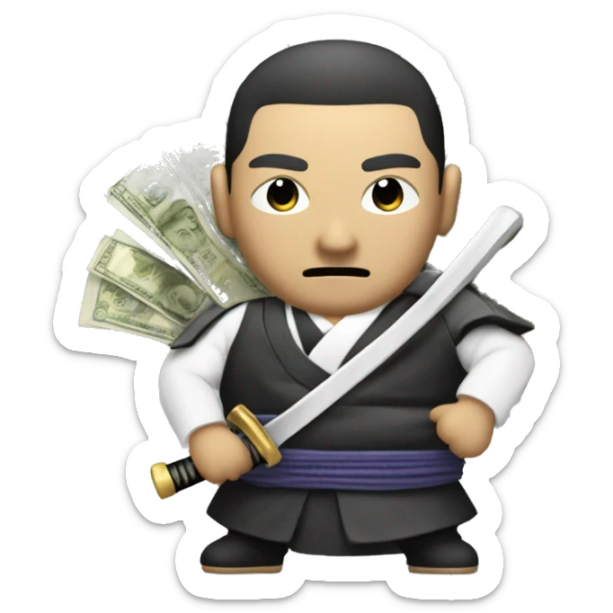 Japanese Yakuza with Samurai Sword but also holding a bag of fat stacks of money sticker