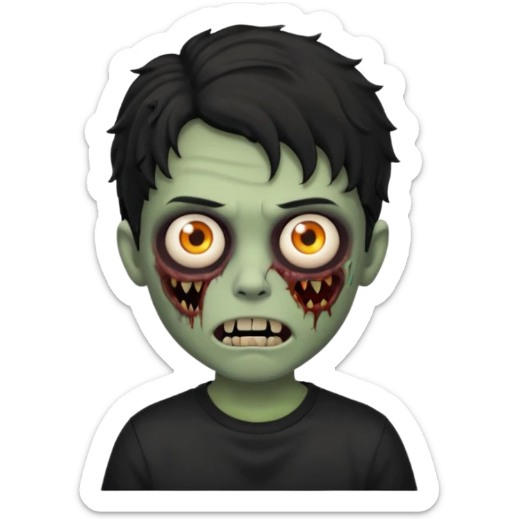 a boy with wavy hair, a zombie-shaped mouth piercing hum, and black hair with a black shirt too sticker