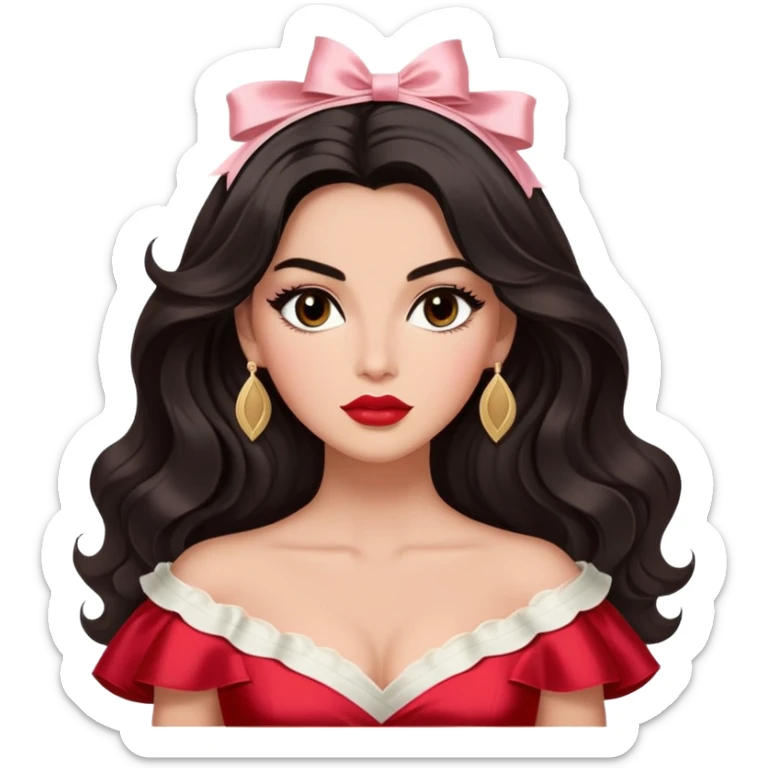 A woman with almond-toned skin, dark voluminous hair in waves, expressive eyes with soft lashes and shimmer, full lips with a glossy nude-pink color, wearing a red dress and a white sash with “Miss San Juan” in black letters, exuding elegance and confidence. sticker