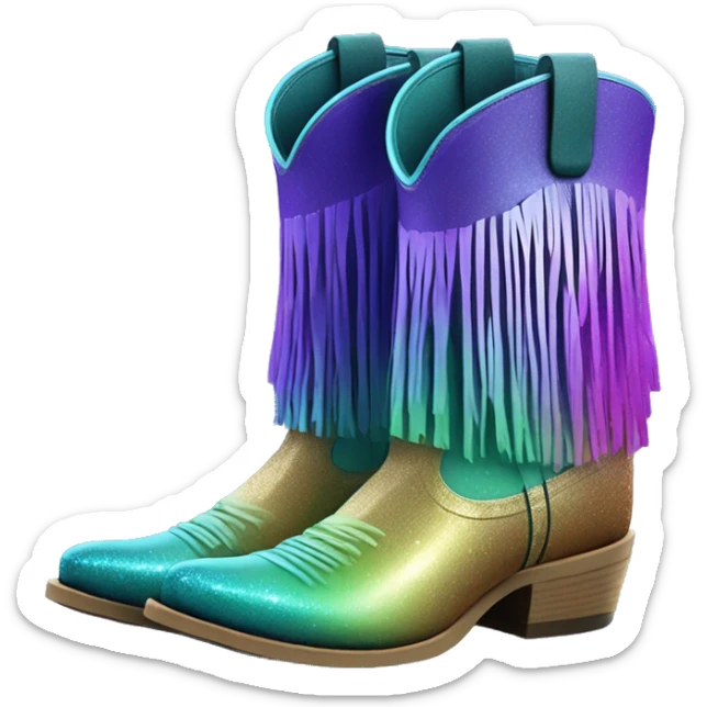 Realistic blue purple green ombre pair of fashion cowgirl boots with sparkly shiny glitter fringe on them. sticker