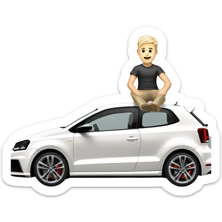Blonde male sitting in white Volkswagen polo GTI with gold alloys sticker