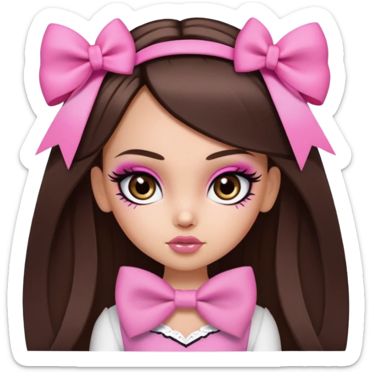 pretty bratz baddie, long straight hair brunette baddie with eyeliner and brown eyes and small pink bow sticker