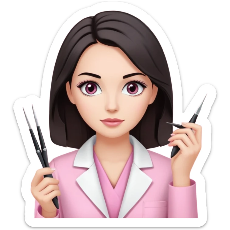 Mulher branca de cabelos pretos na altura dos ombros, vestindo jaleco rosa e segurando uma pinça de extensão de cílios sticker