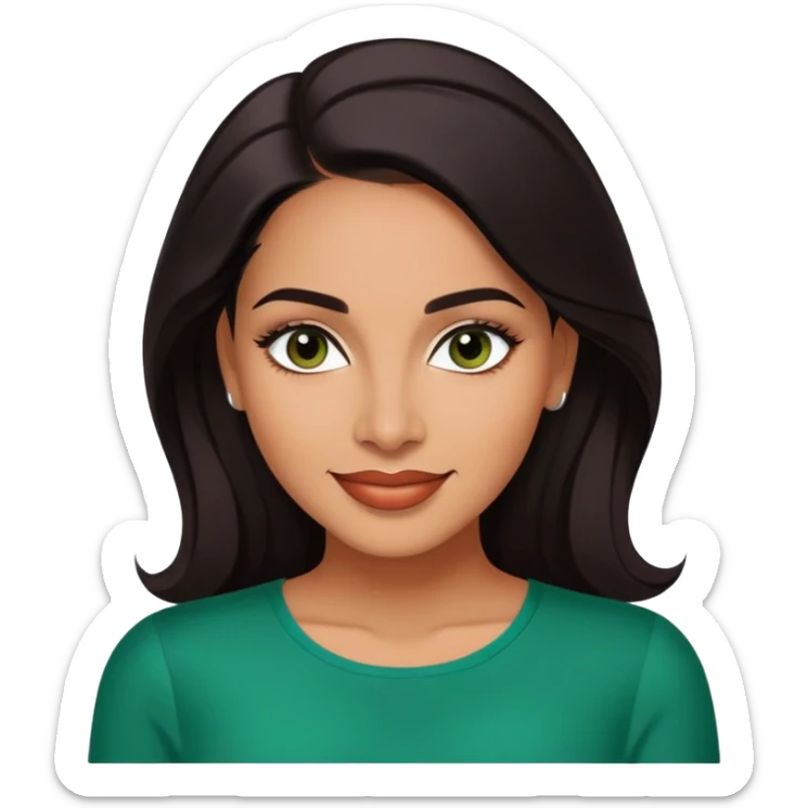 Professional portrait of Lynette Torres, Puerto Rican actress with radiant medium brown skin, charismatic expression, bright dark eyes, beautifully shaped eyebrows, charming smile, long sleek dark hair, wearing an elegant green top sticker