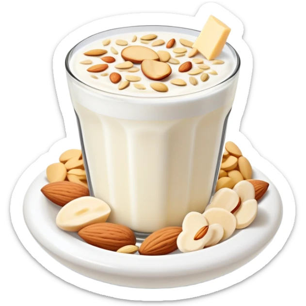 A glowing white leg bone in the center, surrounded by floating calcium-rich foods: yogurt, shredded cheese, almonds, and sesame seeds. All items are floating and slightly shining, arranged in a circle around the bone. sticker