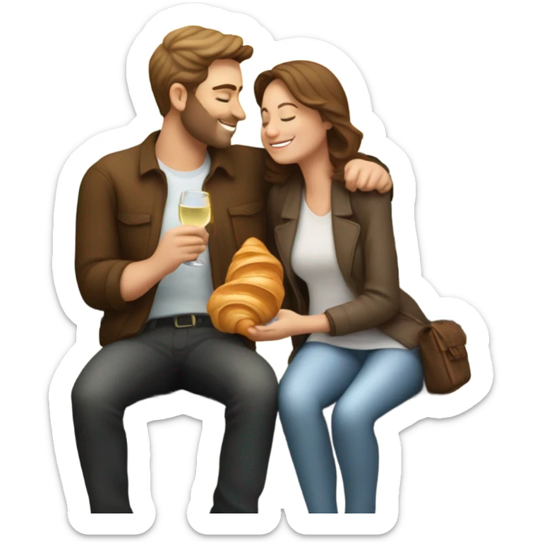 couple of white people with brown hair, sitting closely on a park bench, enjoying a romantic moment. One person is holding a croissant, and the other is holding a glass of Prosecco.  sticker