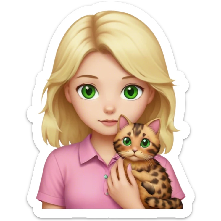 Blonde girl with a pink shirt and green eyes holding a fluffy tortoiseshell cat sticker