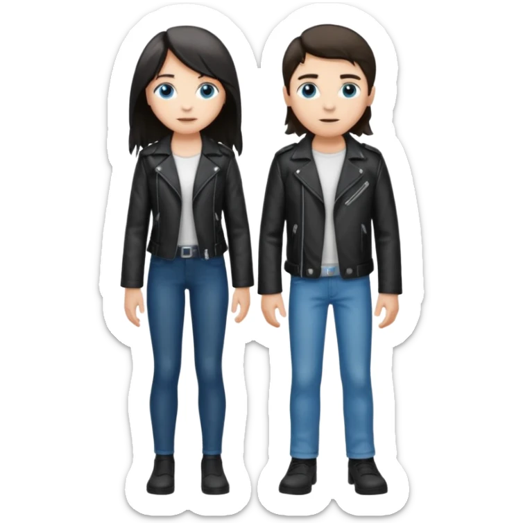 full-length couple, girl with long silver hair and blue eyes in black leather jacket, boy with dark brown hair in white shirt sticker