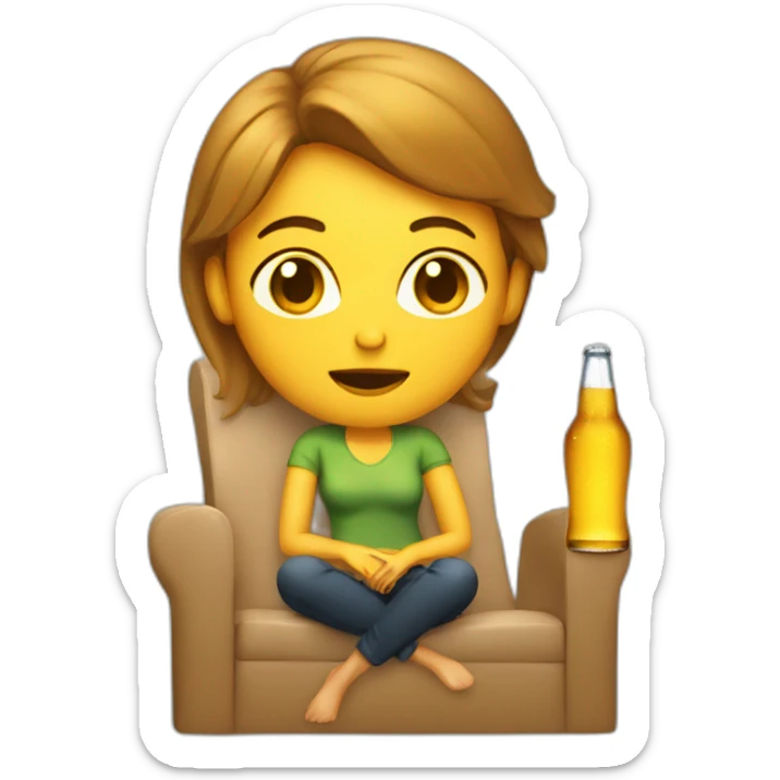 woman sitting on a chair with a bottle of beer holding her head sticker