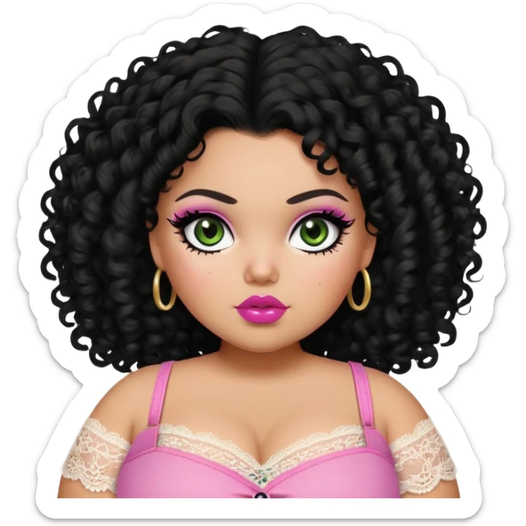 big fat plus size, pretty bratz girl, black curly hair, freckles, dark green eyes, pink lips, black eyeliner, tan skin, cute lace girly clothes sticker