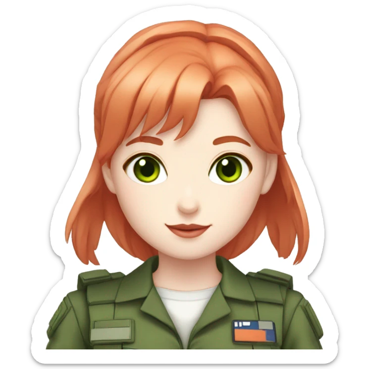 1girl, bunny, pale skin, white skin, white rabbit ears, red hair, twin tails, green eyes, green combat uniform sticker