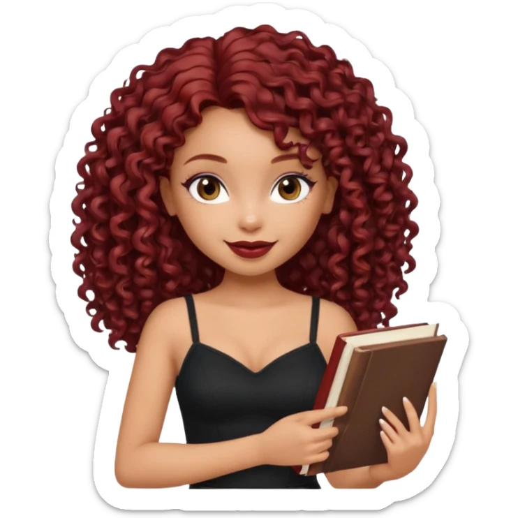 generate a pretty bratz girl curly dark red hair, brown lipstick on, smiling. Book in hand, wearing a black cami top. sticker