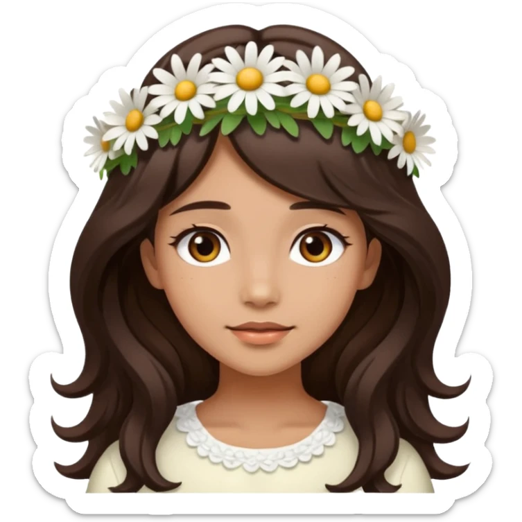 ["Medium skin tone female, long dark-brown hair with gentle waves, wearing a white daisy floral crown."] sticker